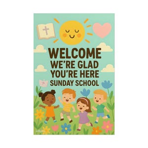Christian Posters, Sunday School Decal, Welcome We&#39;re Glad You&#39;re Here, Sunday School Poster, Kids Bible Decal, Sunday School Art, Cross