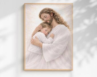Jesus Hugging Child Wall Art, Christian Nursery Decor x 3, Jesus Loves Children Print, Baptism Gift, Religious Kids Wall Art, Christian baby