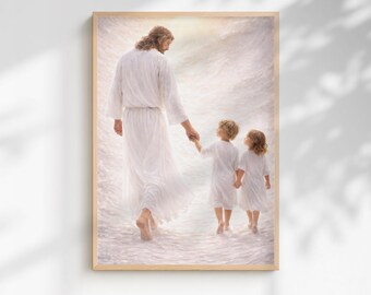 Jesus Walking Art With Children Print, Jesus Picture x 2, Modern Bible Painting, LDS Artwork, Faith Decor, Spiritual Gift, Jesus and Kids
