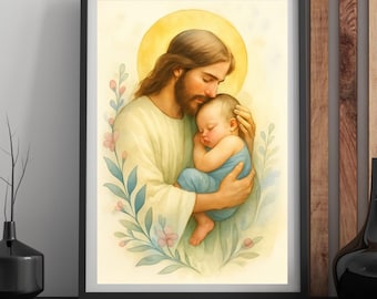 Jesus Holding Baby Poster, Christian Art, Miscarriage Loss, Christian Wall Painting (Digital Download) Christian Artwork, LDS