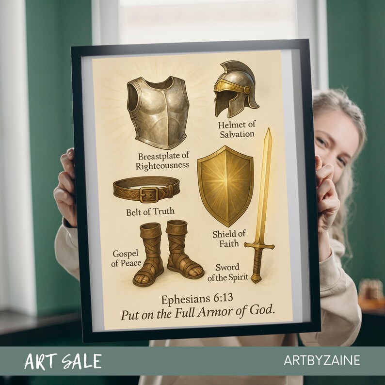 Puede incluir: L&aacute;mina art&iacute;stica enmarcada con ilustraciones de piezas de armadura: coraza, yelmo, cintur&oacute;n, botas, escudo y espada. El texto incluye "Efesios 6:13" y "Ponte toda la armadura de Dios". La obra tiene un fondo beige.