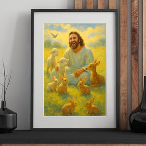 Laughing Christ with Small Creatures, Christ&#39;s Smile, Jesus Portrait, Jesus painting, Jesus wall art, Jesus picture, Bright, Jesus print,