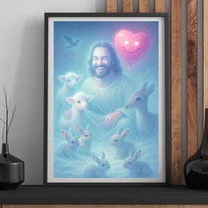 Laughing Christ with Small Creatures, Christ&#39;s Smile, Jesus Portrait, Jesus painting, Jesus wall art, Jesus picture For Children, Light
