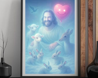 Laughing Jesus Picture with Animals, Nursery Christian Painting (Digital Download) Christian Art Painting
