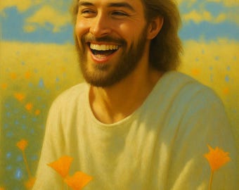 Laughing Jesus Picture, Serene Christian Painting (Digital Download) Christian Artwork