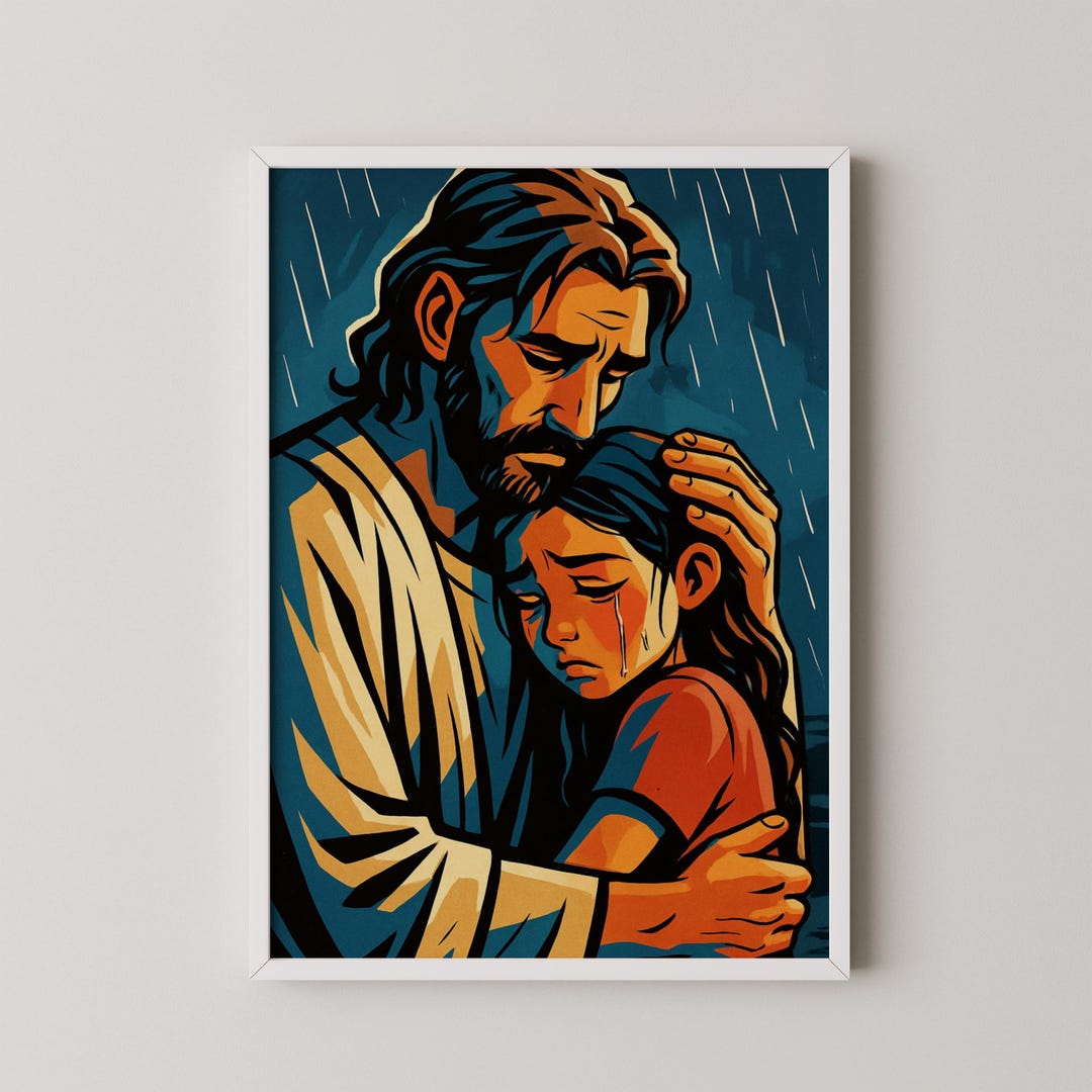 Jesus Holding Crying Girl Art Print, Christian Wall Art, Jesus Christ ...