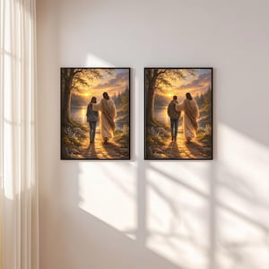 Take Me Home Jesus art print capturing a tender moment of Christ walking with a woman at sunset, surrounded by blooming wildflowers and glowing river reflections. The radiant sky and warm painterly tones create a comforting spiritual atmosphere, perfect for Christian home décor, faith-inspired gifts, and inspirational wall art.