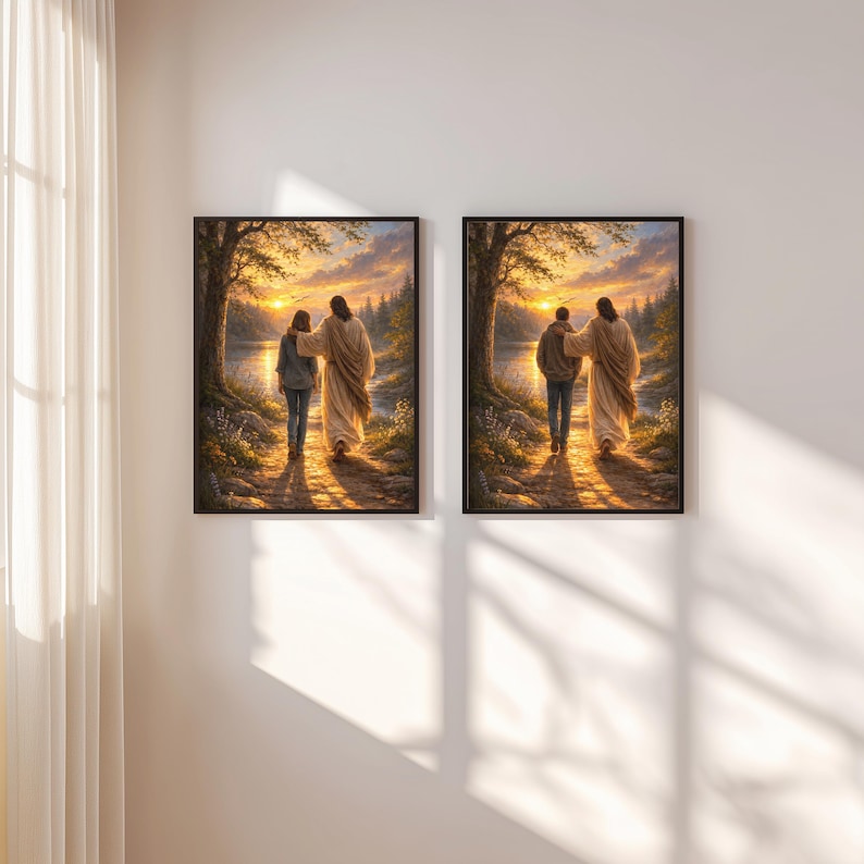 Take Me Home Jesus art print capturing a tender moment of Christ walking with a woman at sunset, surrounded by blooming wildflowers and glowing river reflections. The radiant sky and warm painterly tones create a comforting spiritual atmosphere, perfect for Christian home décor, faith-inspired gifts, and inspirational wall art.