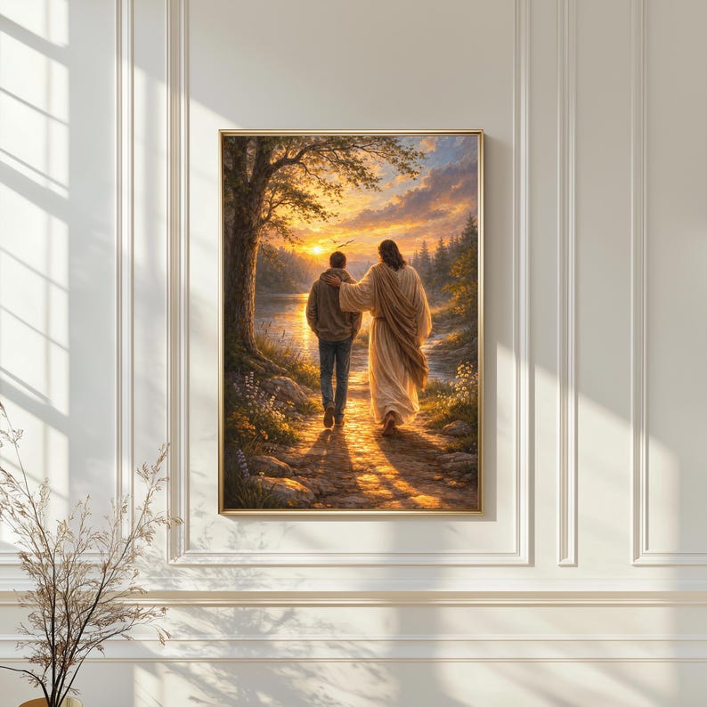 Christian digital painting titled Take Me Home featuring Jesus and a woman walking hand in hand along a tranquil riverbank under a luminous sunset sky. The golden light and soft landscape details evoke peace, protection, and divine guidance, making this artwork ideal for faith-based home décor or devotional spaces.