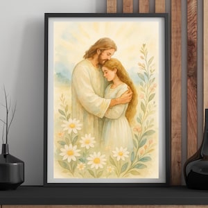 Jesus Hugging Girl, Modern Christian Art, Jesus Painting, His Love, Christian Prints, Bible Wall Art, Jesus and Woman, Jesus Art, Flowers,