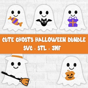 Cute Ghosts Halloween Bundle, SVG + STL + 3MF, Kawaii Halloween Decor, Candy, Bat, Pumpkin, Witch, Gift | Laser Cut & 3D Print Files
