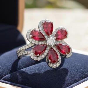 Könnte beinhalten: Ein silberner Ring in Blumenform mit roten, tropfenförmigen Edelsteinen und kleinen weißen Diamanten. Der Ring wird in einer Holzschatulle mit blauem Samt präsentiert. Das Design des Rings ist floral.