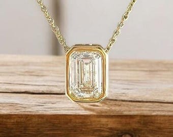 Emerald Cut Moissanite Pendant: Gold Overlay Sterling Silver Bezel Necklace
