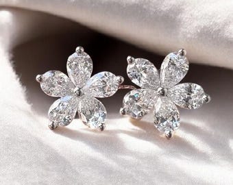 Floral Moissanite Stud Earrings, Sterling Silver Bridal Jewelry