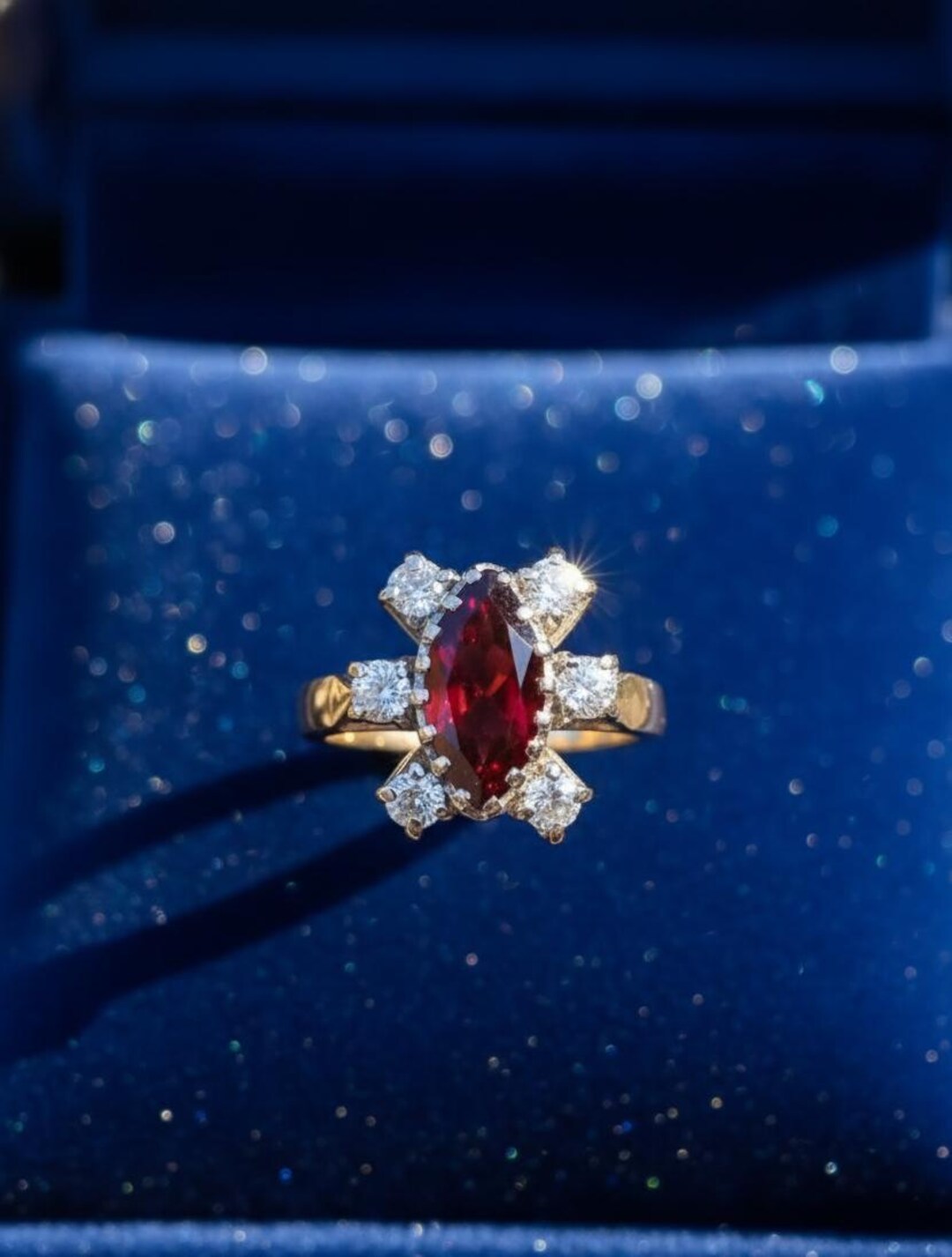 Ruby Fu Marquise Lab Ruby Ring, Gold Sterling Silver Ballerina Halo, July ...