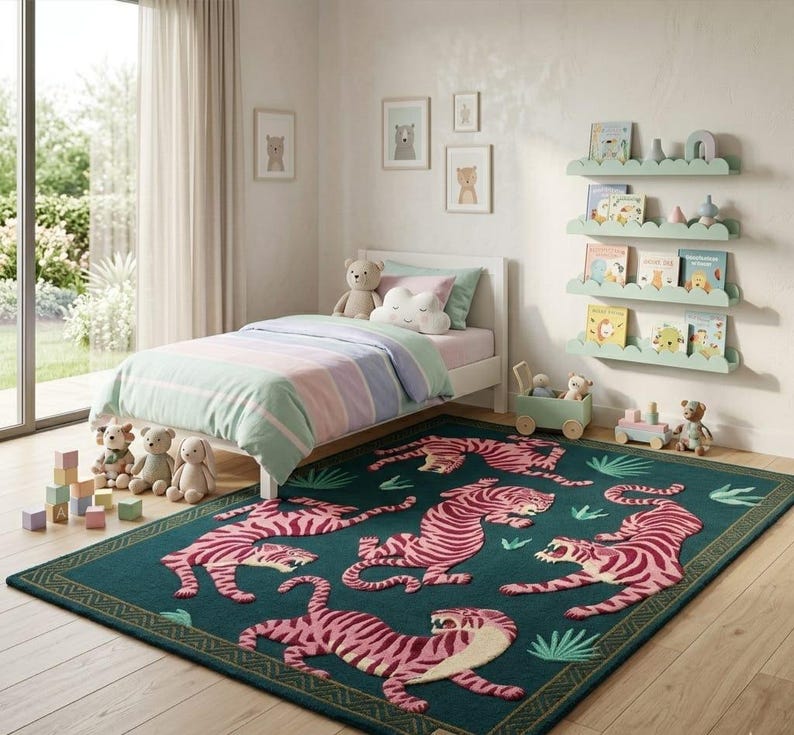 May include: A child's bedroom with a teal rug featuring pink tiger designs. The room includes a white bed with pastel bedding, a bookshelf with books, and framed bear art. Soft toys and wooden blocks add to the playful decor.