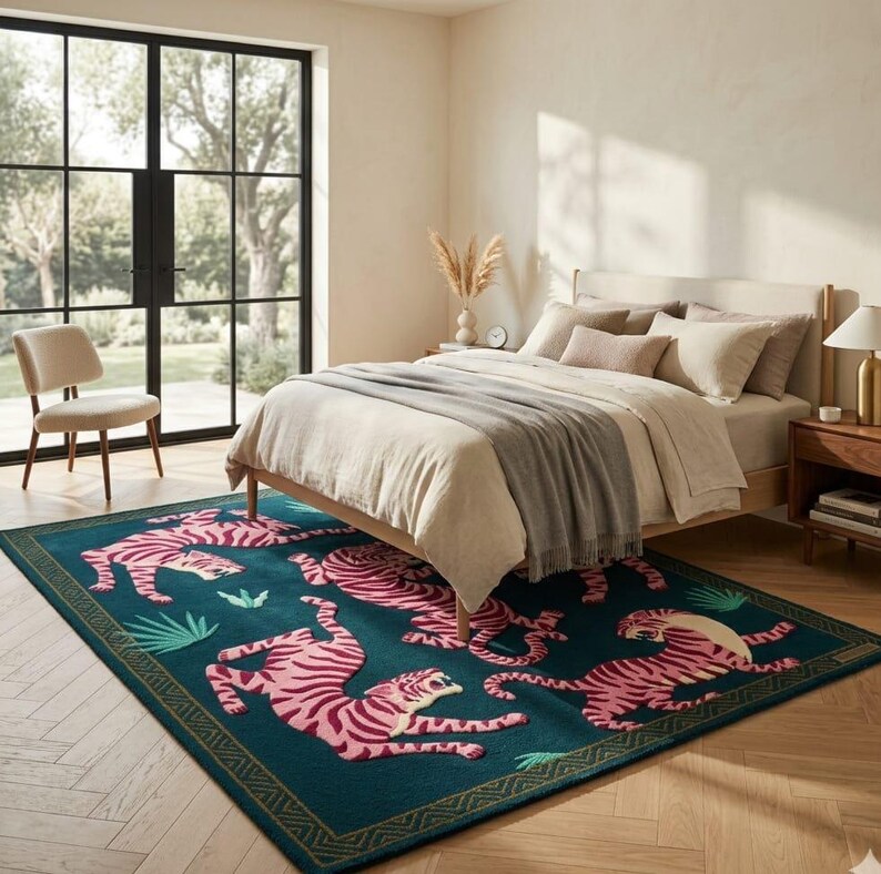 May include: A teal rug with a pink tiger design in a bedroom setting. The rug features multiple tigers in various poses, with green foliage accents and a gold border. The bedroom includes a bed, chair, and a window.