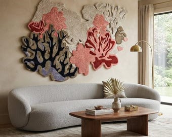 Hand Tufted Wool Coral Reef Rug, Abstract Ocean Wall Art Carpet