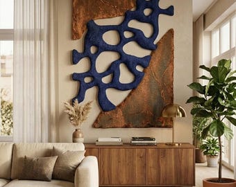 Hand Tufted Wool Rug Art, Sculptural Abstract Textile Wall Hanging, Navy Organic Decor