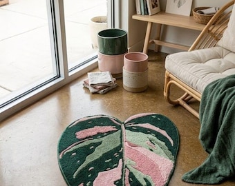 Monstera Leaf Hand Tufted Rug, Botanical Wool Carpet, Tropical Bedroom Decor