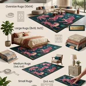 Hand Tufted Pink Tiger Jungle Rug | Teal Wool Carpet, Maximalist Living Room Area Rug image 4