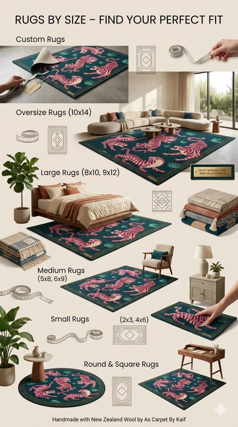 Hand Tufted Pink Tiger Jungle Rug | Teal Wool Carpet, Maximalist Living Room Area Rug image 4