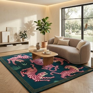 Hand Tufted Pink Tiger Jungle Rug | Teal Wool Carpet, Maximalist Living Room Area Rug image 5
