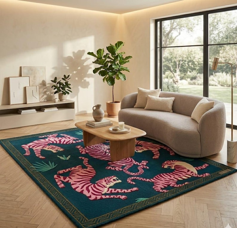 Hand Tufted Pink Tiger Jungle Rug | Teal Wool Carpet, Maximalist Living Room Area Rug image 5