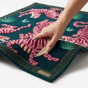 Hand Tufted Pink Tiger Jungle Rug | Teal Wool Carpet, Maximalist Living Room Area Rug image 7
