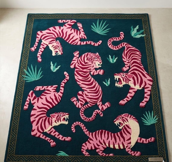 Hand Tufted Pink Tiger Jungle Rug | Teal Wool Carpet, Maximalist Living Room Area Rug