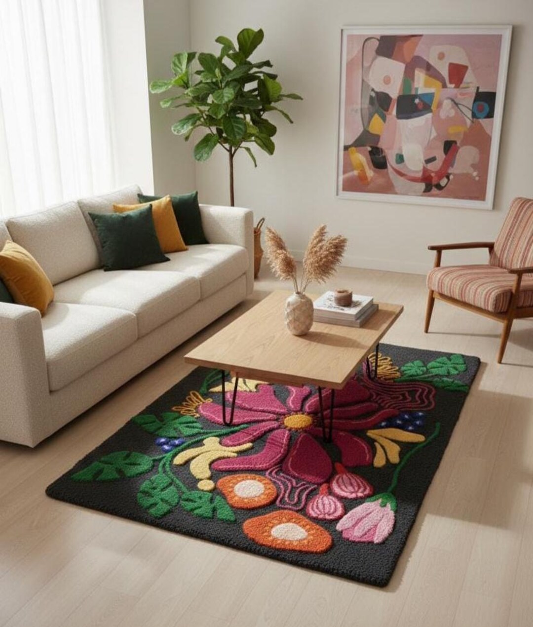 Hand Tufted Wool Floral Rug – Dark Botanical Statement Carpet, Boho ...