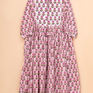 Pink Floral Hand Block Print Cotton Midi Dress - Summer Tunic