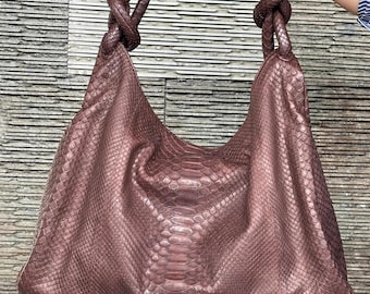 Brown Python Leather Big Hobo Bag: Luxury Snakeskin Shoulder Knot Bag