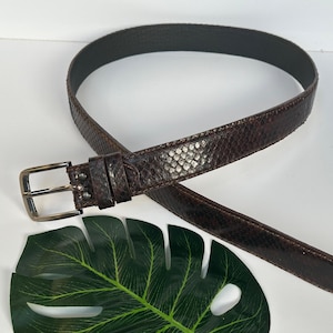 May include: A brown leather belt with a snakeskin pattern. The belt has a silver-colored buckle and a dark brown interior. The belt is lying on a white surface with a green leaf.