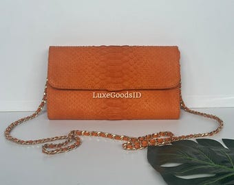 Orange Python Leather Clutch : Luxury Snakeskin Evening Bag