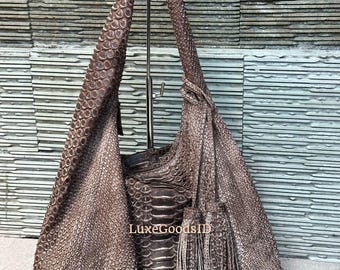 Antique Brown Python Leather Big Hobo Bag: Luxury Snakeskin Shoulder Bag