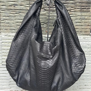 Black snakeskin big hobo bag | Big soft hobo classy sport woman bag | Handbag woman purse | Big hobo python leather bag | Python skin bag