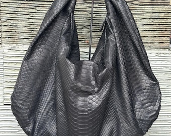 Black Python Leather Big Hobo Bag: Luxury Snakeskin Shoulder Bag