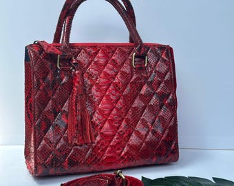 Red Python Leather Double Handle Bag: Snakeskin Diamond Shoulder Bag