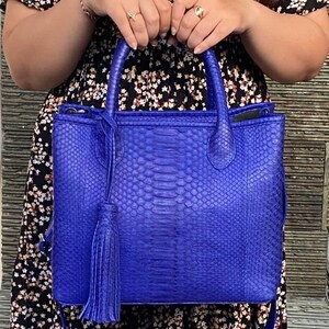 May include: A vibrant blue handbag with a textured snakeskin pattern. The bag features a top handle, a detachable shoulder strap, and a decorative tassel. The bag's design is rectangular, with a structured silhouette.