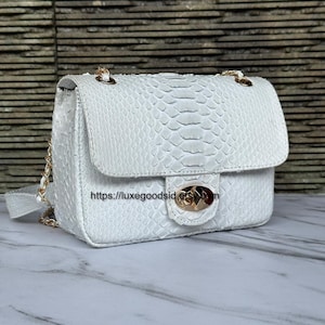 Peut inclure: Sac à main blanc avec un motif en peau de serpent texturé. Le sac est doté d'une bandoulière en chaîne dorée et d'une fermeture à fermoir doré. Le sac est de forme rectangulaire avec un rabat. Le texte "https://luxegoodsiders.com" est visible.