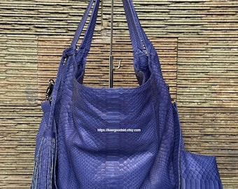 Blue Python Leather Big Hobo Bag: Luxury Snakeskin Shoulder Bag With Pouch