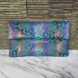 Turquoise Python Leather Clutch: Luxury Iridescent Peacock Snakeskin Foldover Evening Bag Purse