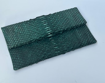 Antique Green Python Skin Foldover Clutch: Luxury Snakeskin Handbag