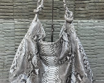 Grey Python Leather Big Hobo Bag: Luxury Snakeskin Shoulder Knot Bag