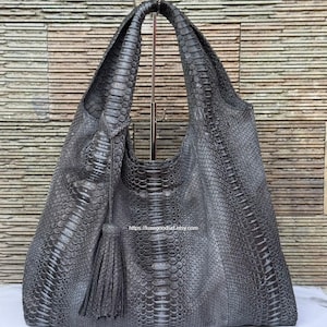 Antique Black Python Leather Hobo Bag: Genuine Snakeskin Large Oversized Shoulder Purse