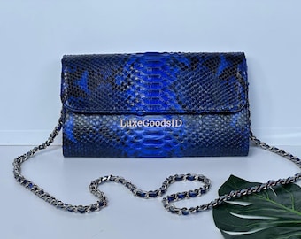 Blue Python Leather Clutch : Luxury Snakeskin Evening Bag