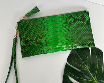 Pulsera de cuero de pitón verde: bolso con cremallera de piel de serpiente
