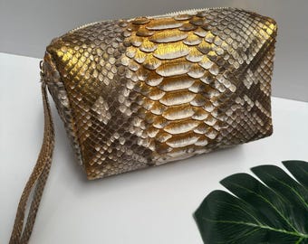 Złota kosmetyczka ze skóry węża Python: ręcznie robiona skórzana kosmetyczka