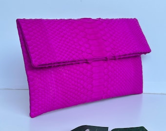 Fuchsia Matte Python Skin Foldover Clutch: Luxury Snakeskin Handbag